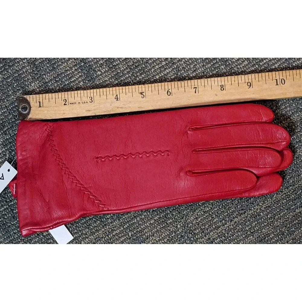 Vintage A. GIANNETTI Red Leather Cashmere Lined Wrist Gloves Size M NOS